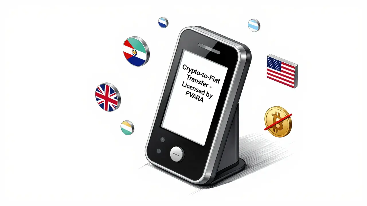 Remittance kiosk with global flag icons and crossed-out Bitcoin symbol