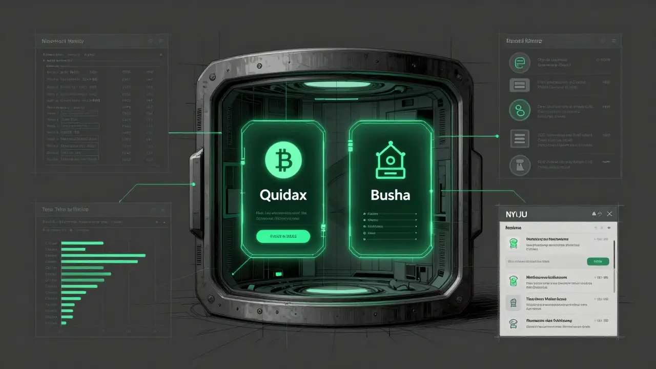 Secure financial dashboard with licensed exchanges and SEC audit data streams in technical line art.