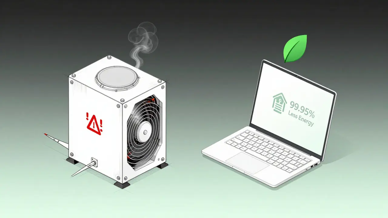 Side-by-side comparison: industrial ASIC miner vs. sleek laptop with green energy icon.