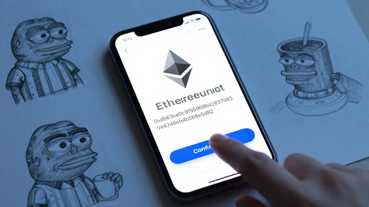 Smartphone showing Ethereum contract address being manually entered into a wallet