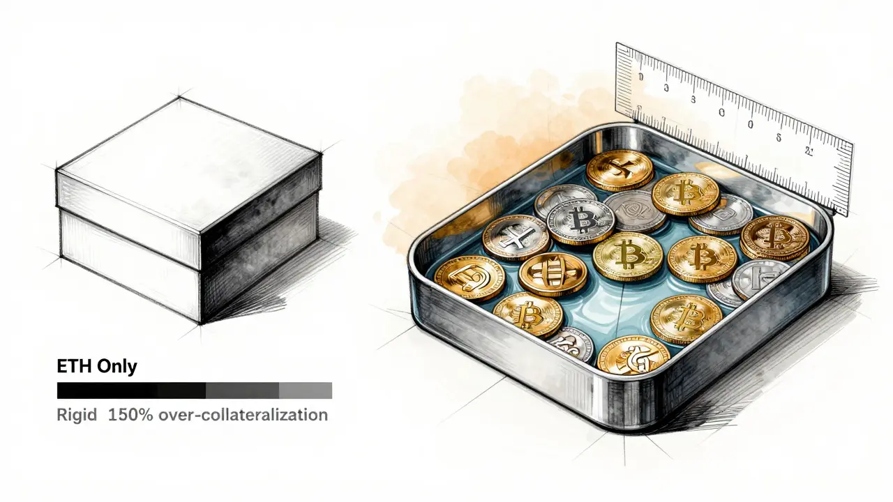 Split-panel design comparing single-collateral ETH-only system to multi-collateral token mosaic with haircuts.