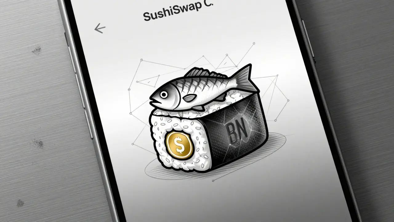 Sushi roll-shaped app icon with BNB and SUSHI tokens on a blockchain background.