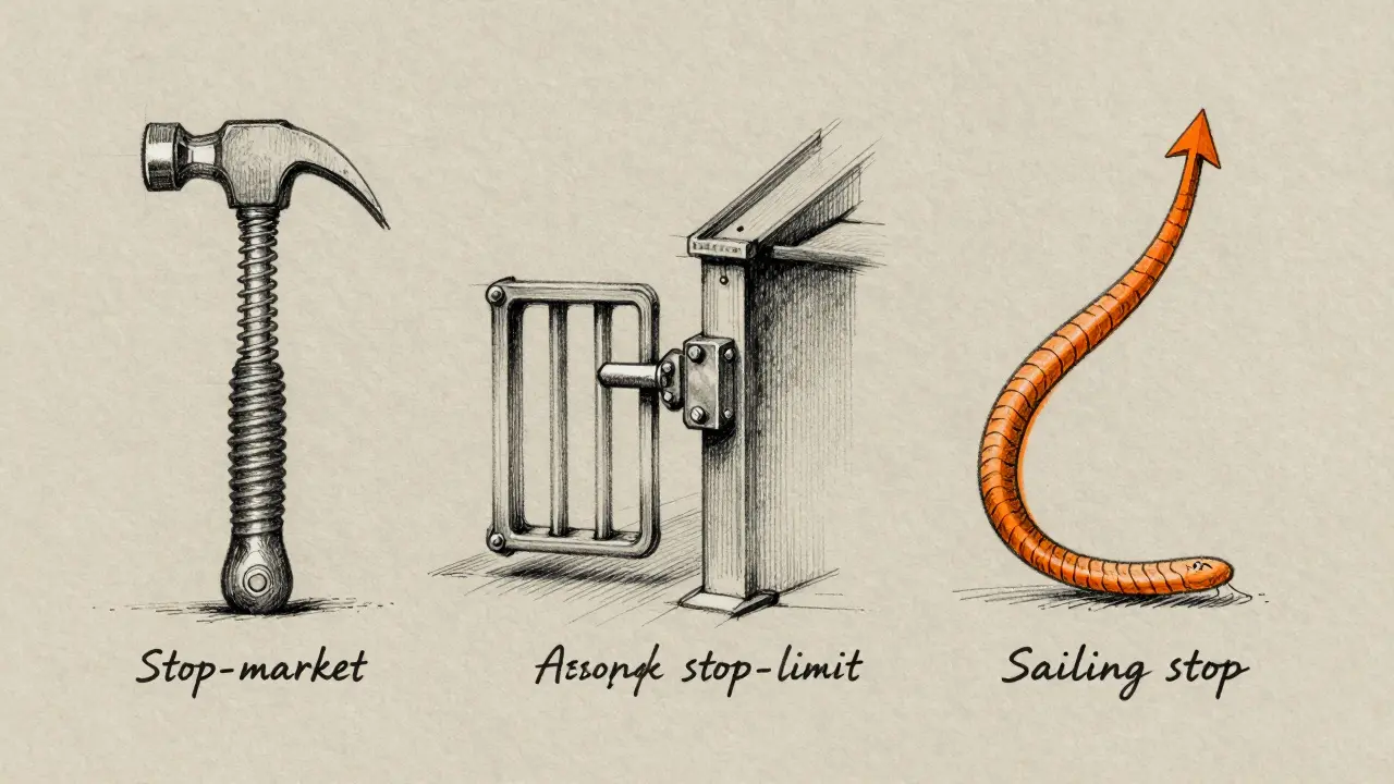 Three abstract mechanical designs representing stop-market, stop-limit, and trailing stop orders.