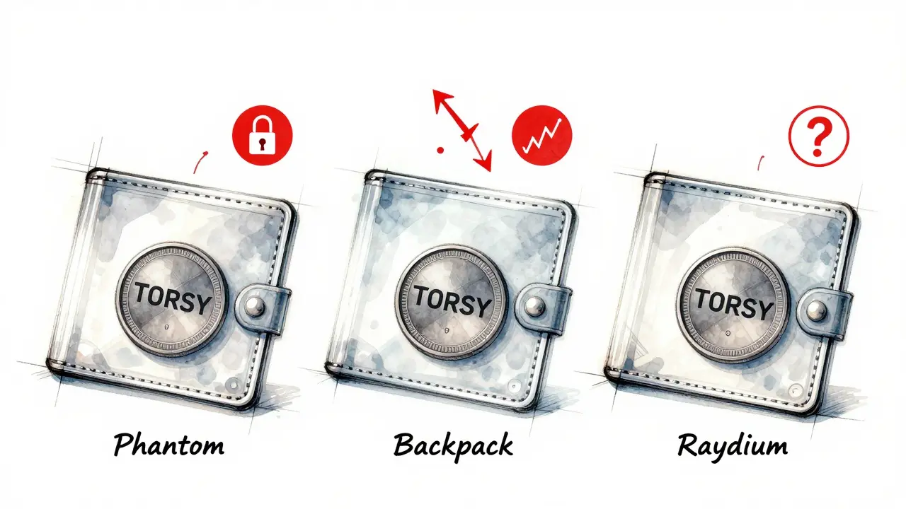 Three crypto wallets with TORSY tokens and warning icons in technical sketch style.
