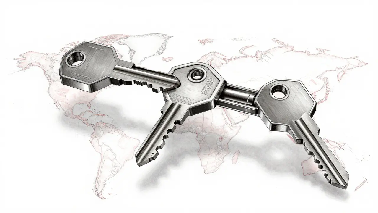 Three interlocking titanium keys floating above a map of restricted countries.