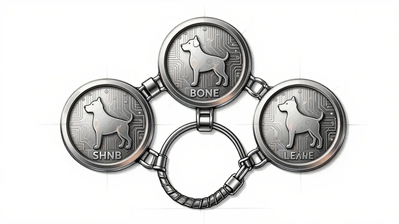 Three interlocking token badges representing SHIB, BONE, and LEASH in a modular ecosystem.