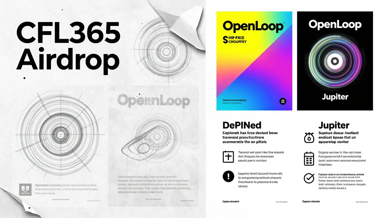 Torn airdrop posters showing fake CFL365 next to verified projects like Jupiter and OpenLoop.
