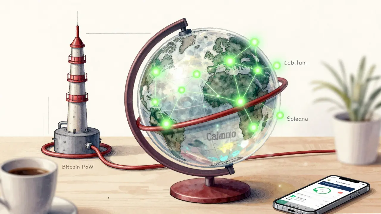 Transparent globe with green PoS networks vs. red Bitcoin PoW energy drain, on desk.