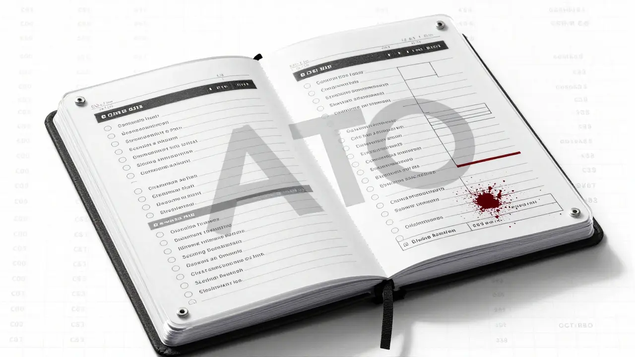 Transparent ledger notebook with blockchain transactions and ATO watermark