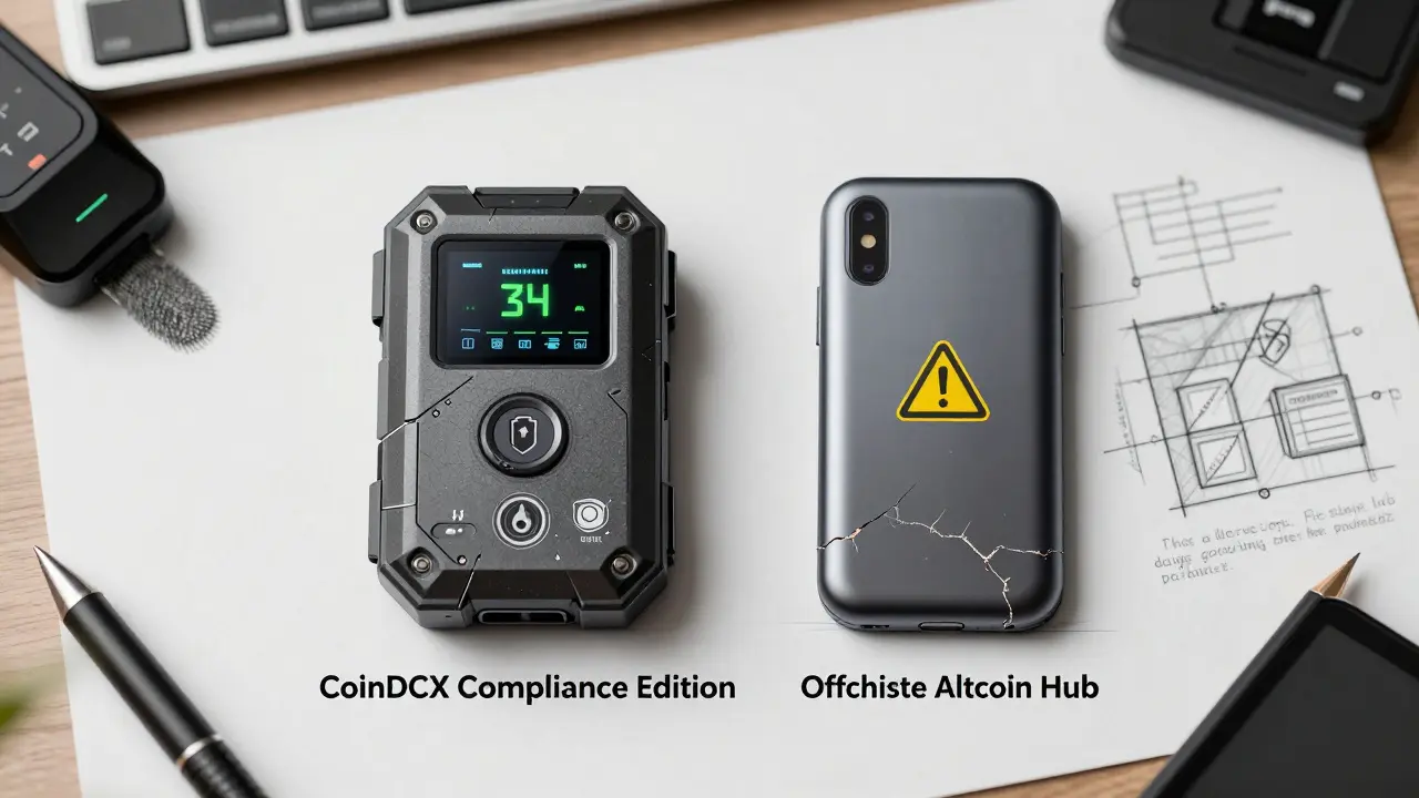 Two contrasting crypto wallets side by side: one secure and compliant, the other fragile and offshore.