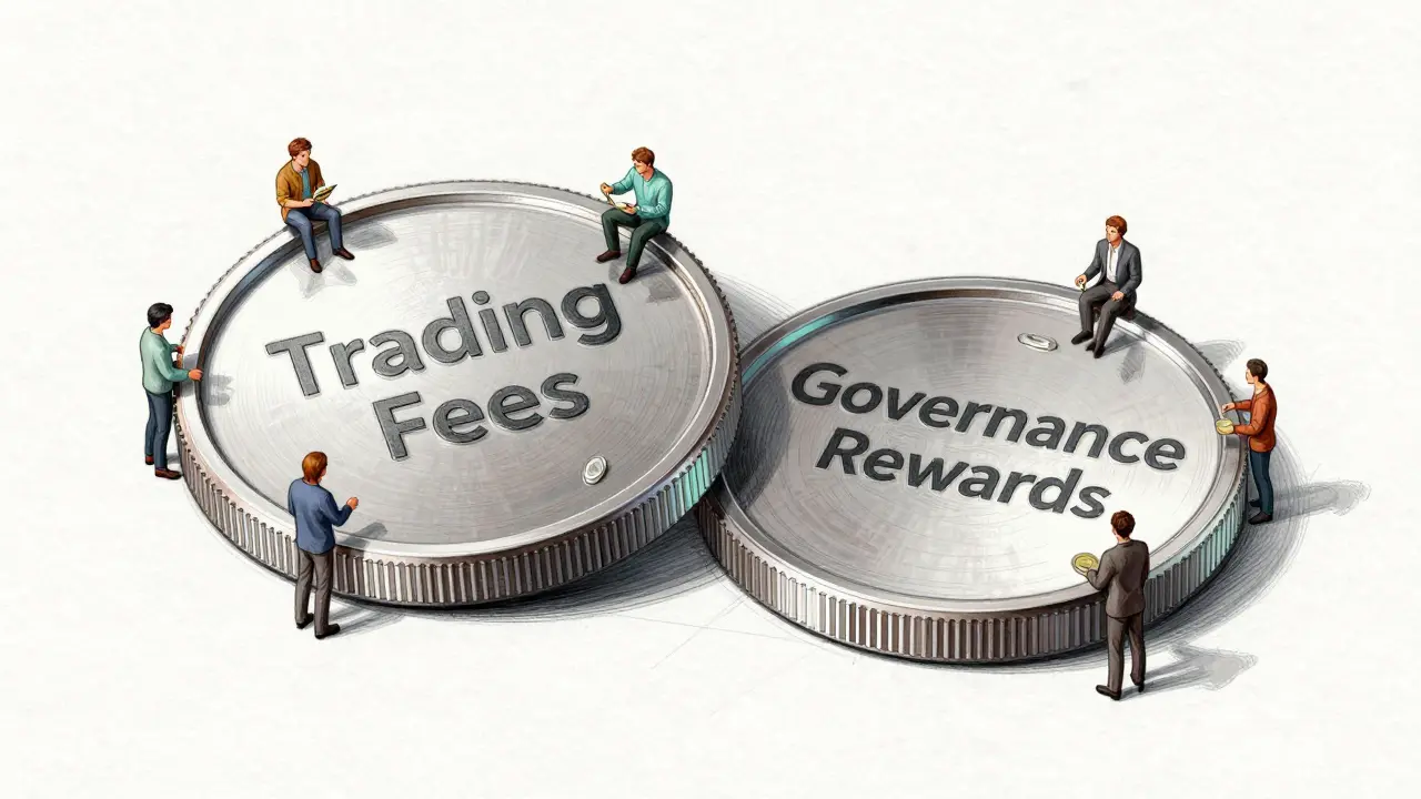 Two interlocking tokens labeled 'Trading Fees' and 'Governance Rewards' with people contributing crypto, sketched in technical linework.