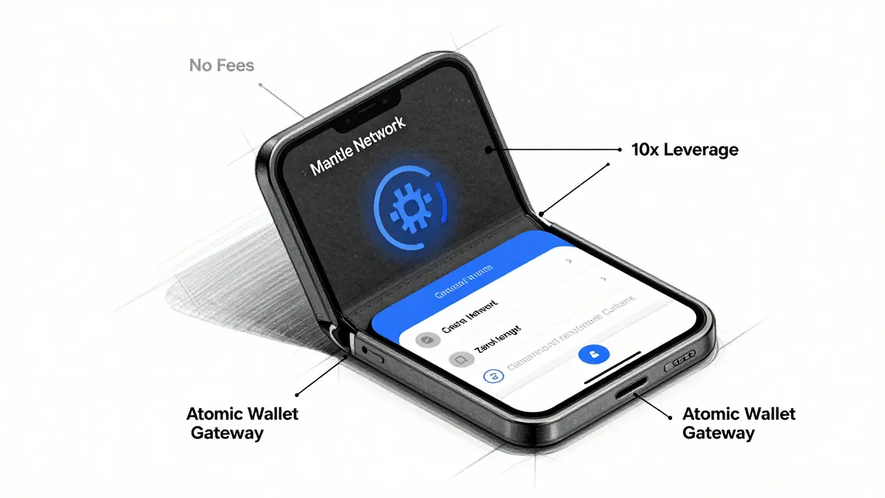 Wallet device showing zero-fee transactions and credit card gateway connected to blockchain, technical sketch.