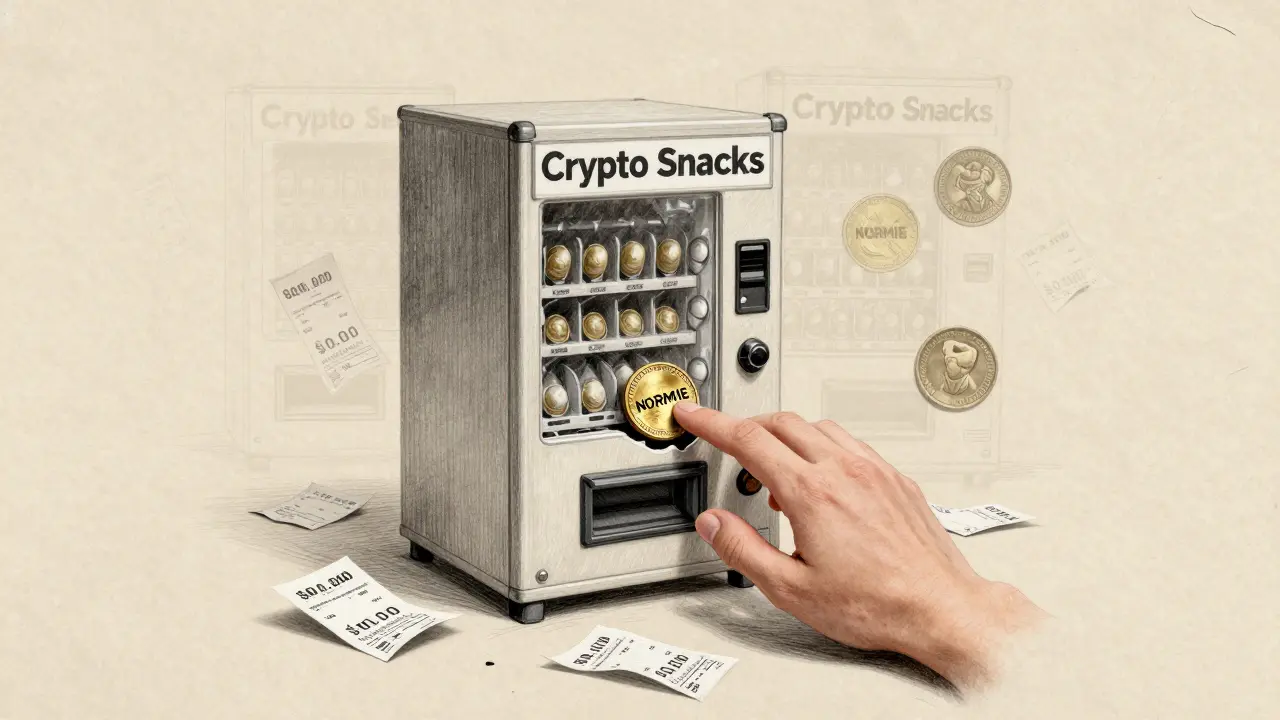 A broken crypto vending machine with a stuck NORMIE token and discarded receipts.