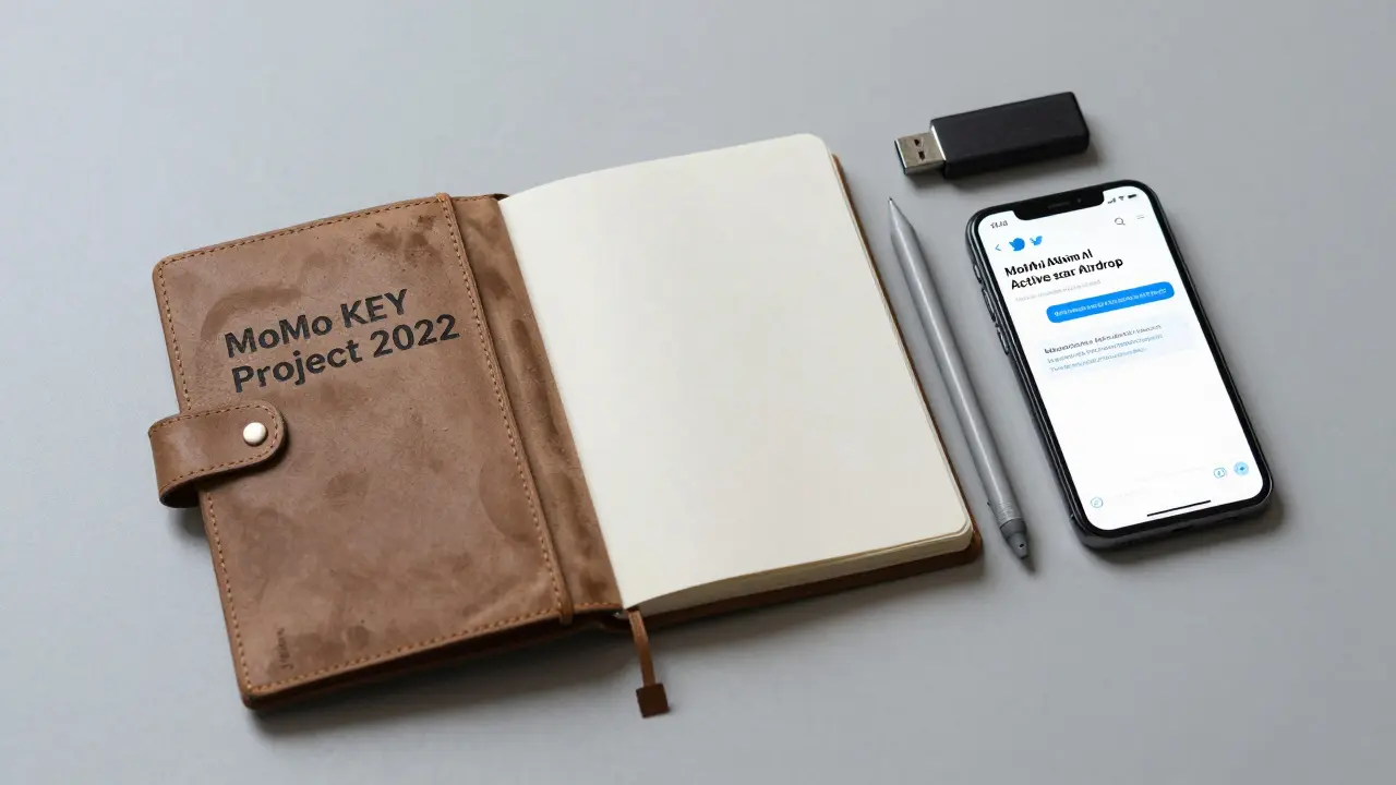 A closed notebook titled 'MoMo KEY 2022' next to a dead USB drive, while a phone shows an active Momo AI airdrop.