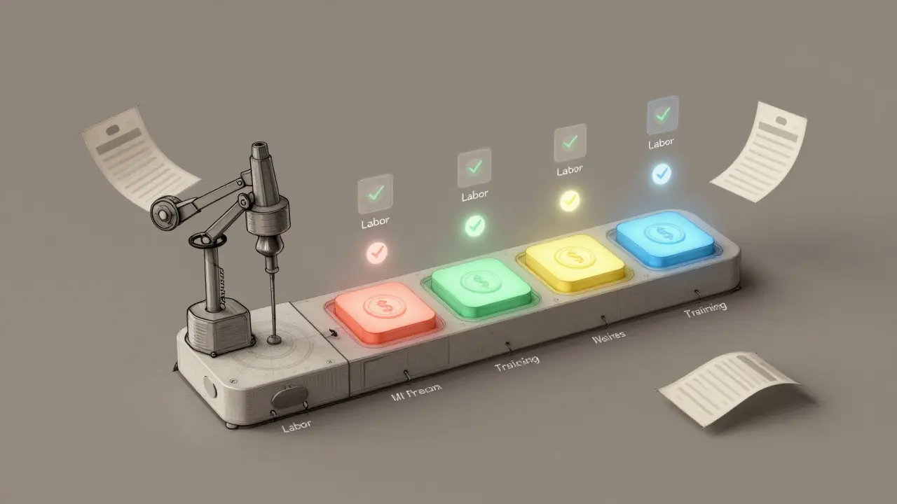 A modular smart contract device shows fund release stages with verification icons and receipts.