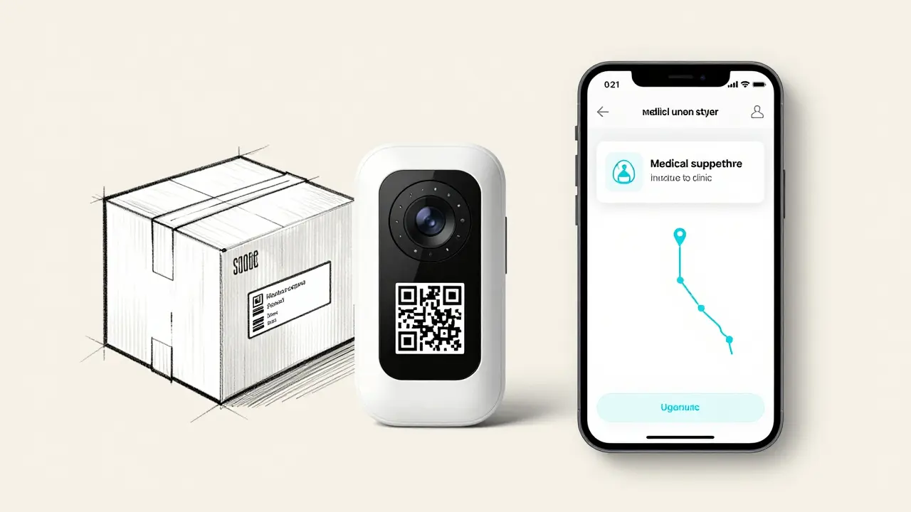A QR scanner and app interface track medical supplies from warehouse to clinic via digital tags.