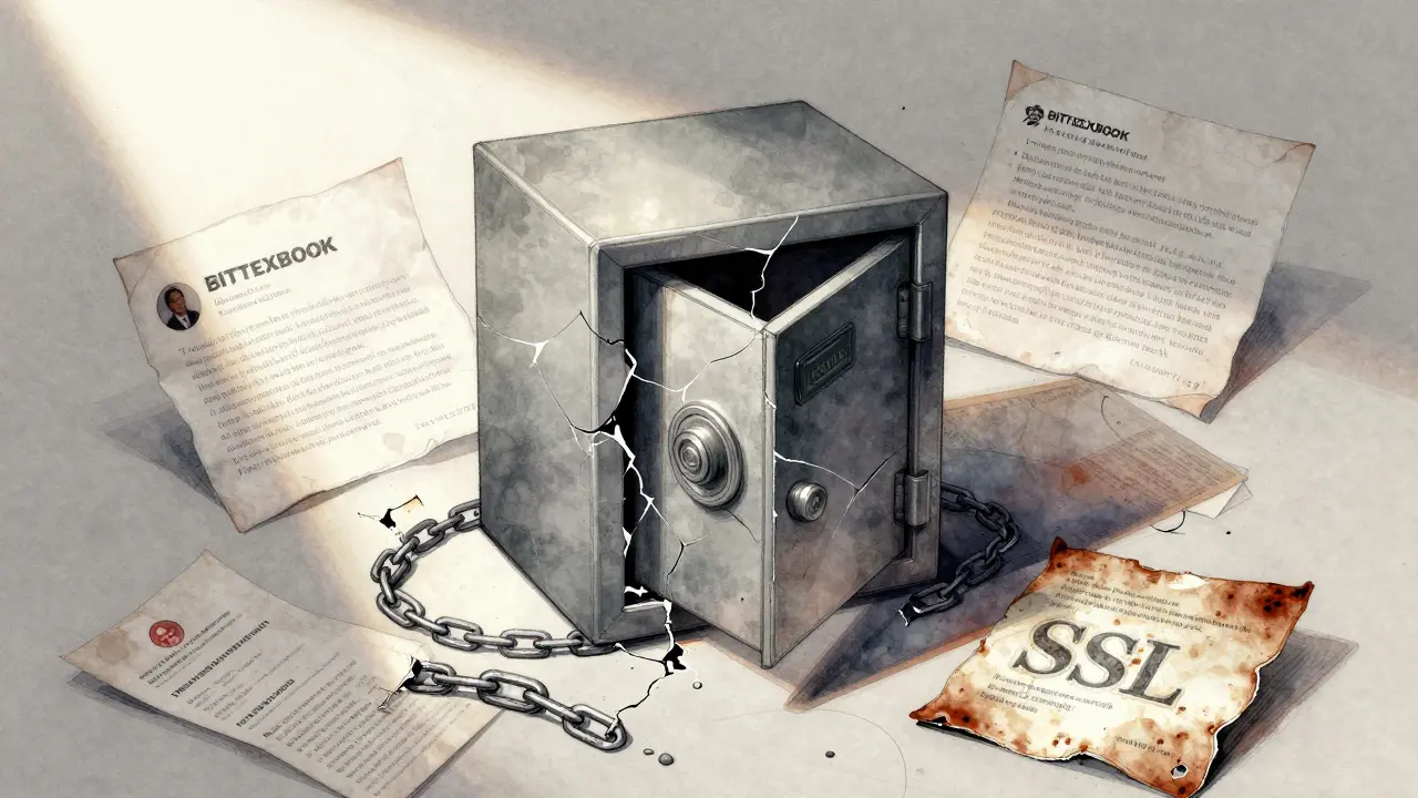 Buried wallet in a cracked safe labeled BITEXBOOK, surrounded by discarded reviews and expired certificates.