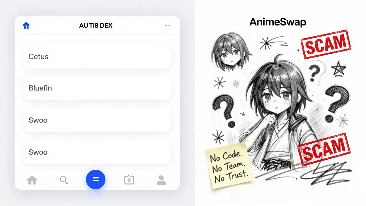 Comparison sketch of real Sui DEXs versus a chaotic AnimeSwap fake, with red scam stamps and eraser marks.
