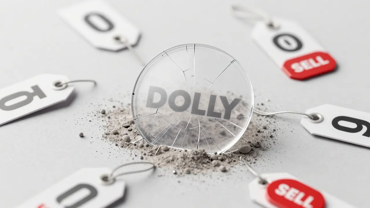 Cracked DOLLY token with zero price tags and a buried sell button in a minimalist sketch.