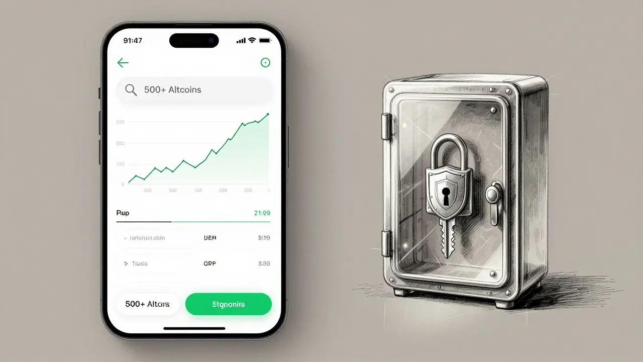 Dual-panel mobile app design sketch showing trading interface and security vault, in ink and muted earth tones.
