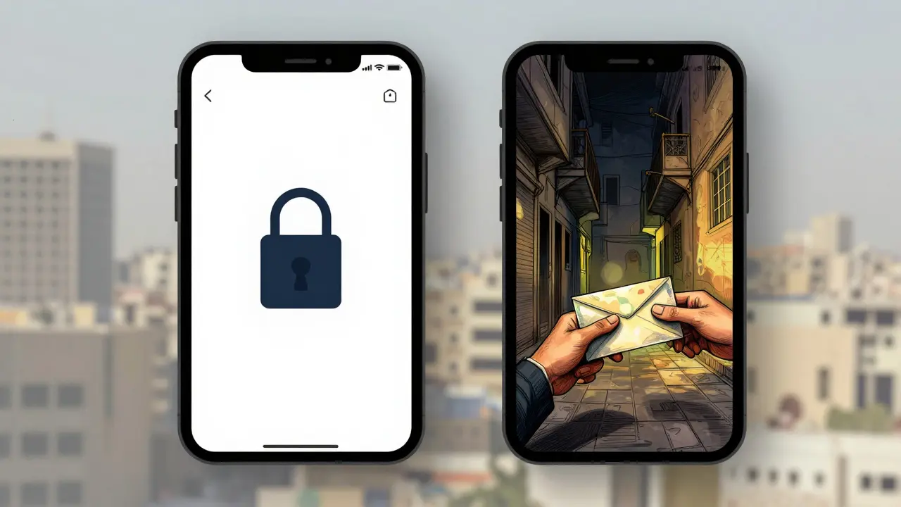 Dual-sided mobile wallet design showing official banking lock versus hidden cash crypto exchange.