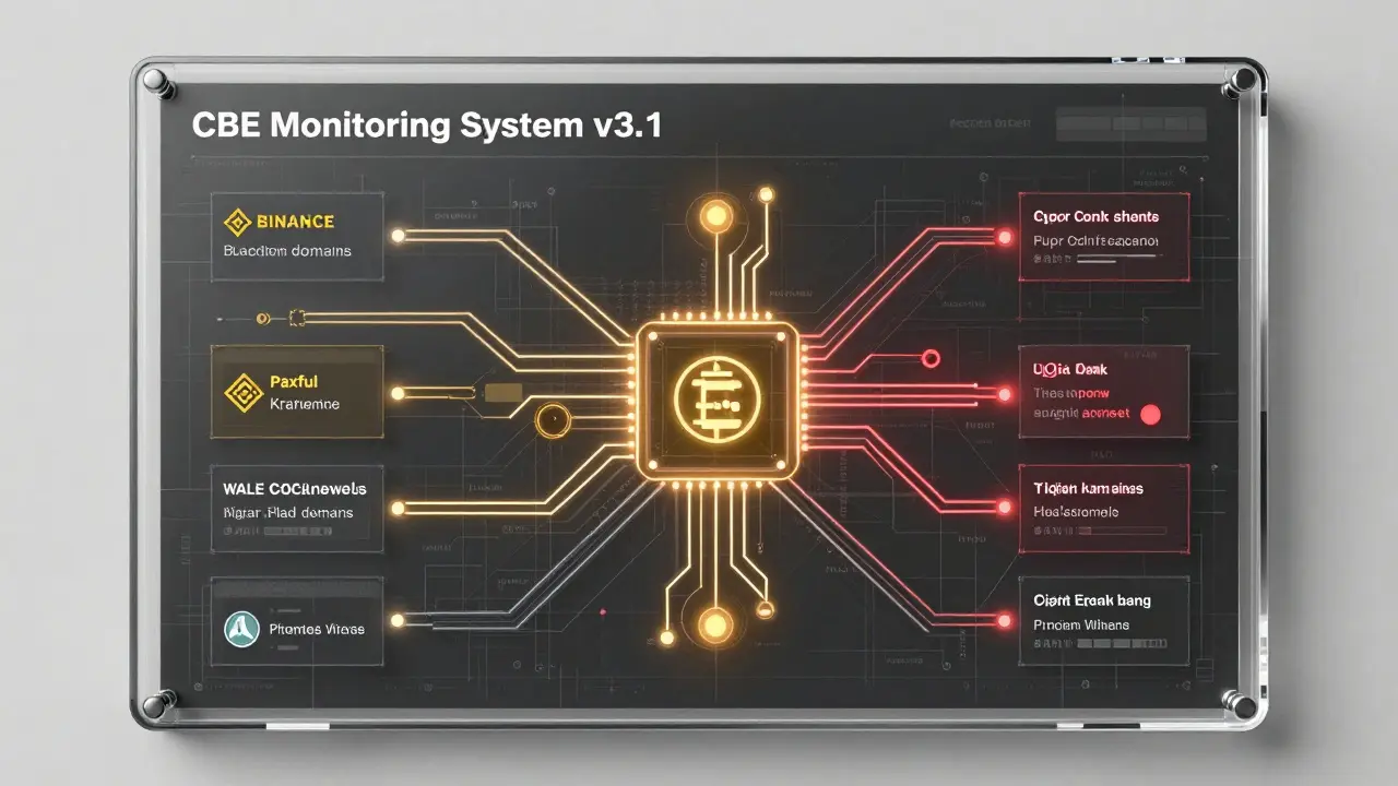 Forensic compliance dashboard with glowing crypto domain connections and AI detection nodes.
