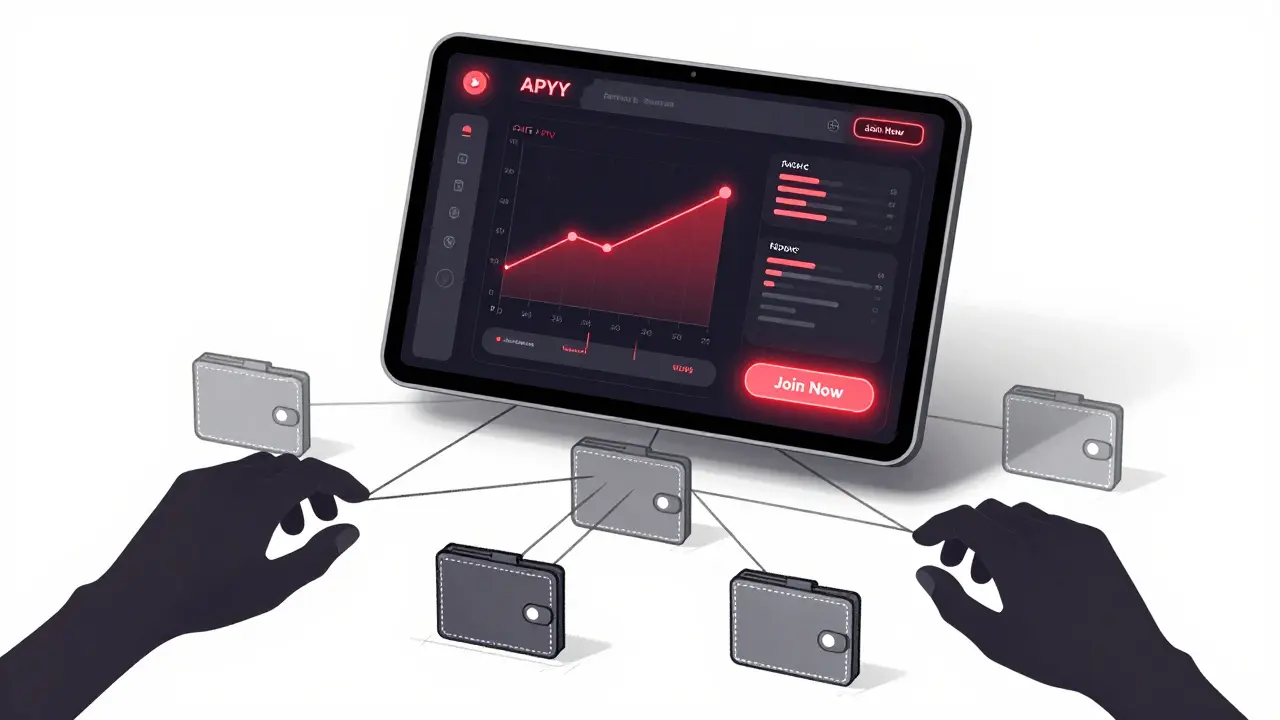 Futuristic tablet sketch showing fake DeFi dashboard with hidden strings pulling empty wallets.