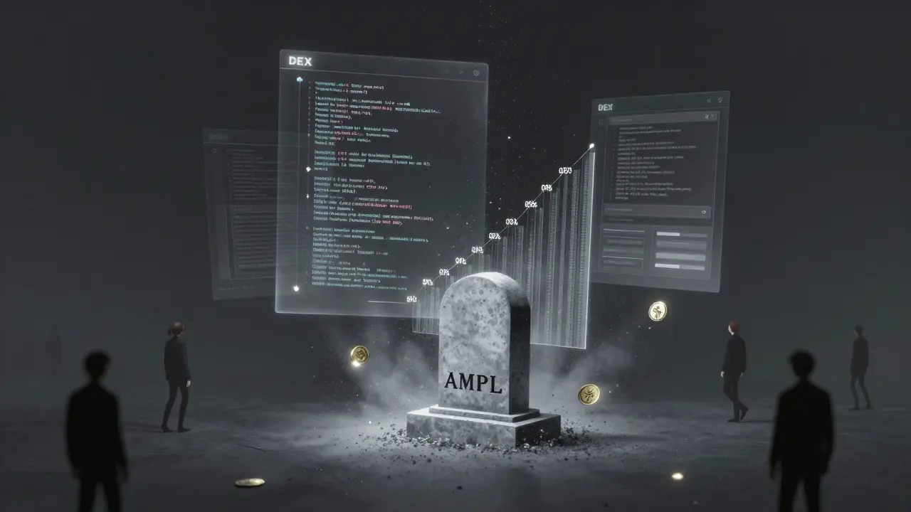 Ghostly DEX interface dissolving into dust with zero-volume tombstone.