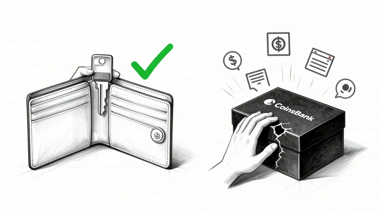 Side-by-side sketch: open wallet with keys vs. sealed black box labeled CoinsBank with failed access icons.