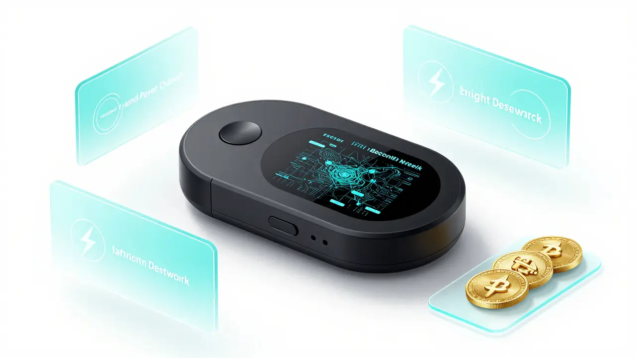 Sleek oval crypto wallet with LED display showing blockchain nodes and payment channels