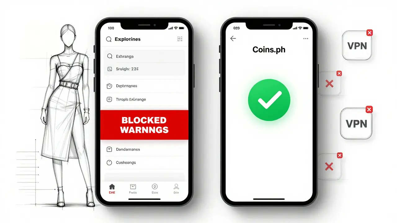 Smartphone screen split between a blocked crypto site and an approved Philippine exchange, with VPN icons marked as invalid.
