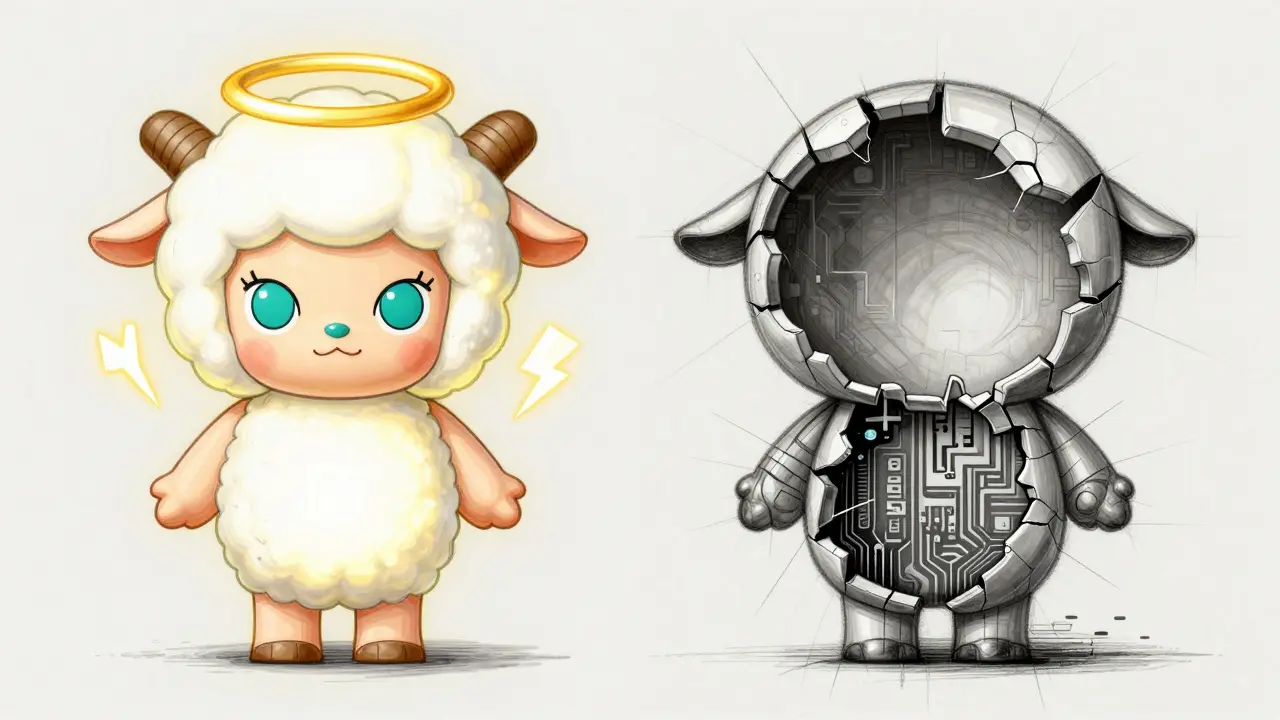Split design: glowing DOLLY sheep on one side, empty shell with dead code on the other.
