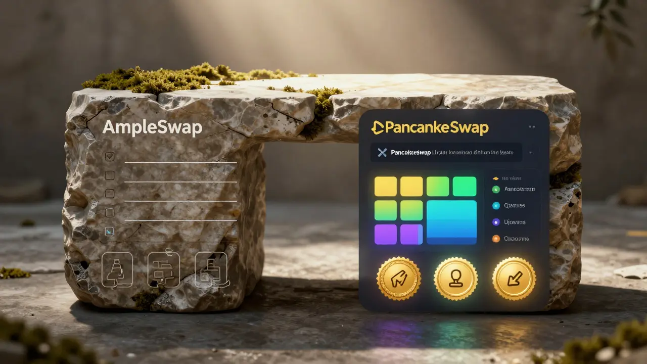 Stone comparison table showing abandoned AmpleSwap vs thriving PancakeSwap.