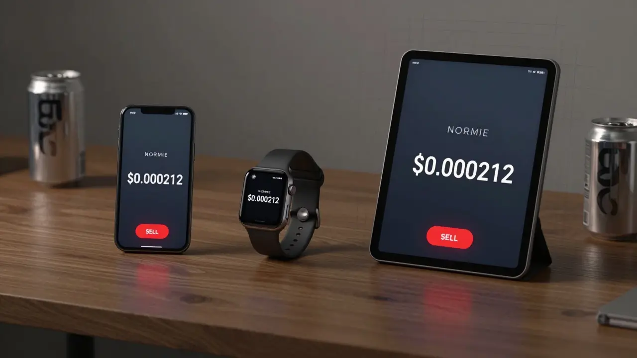 Three devices showing the same low NORMIE price beside empty energy cans and a red sell button.