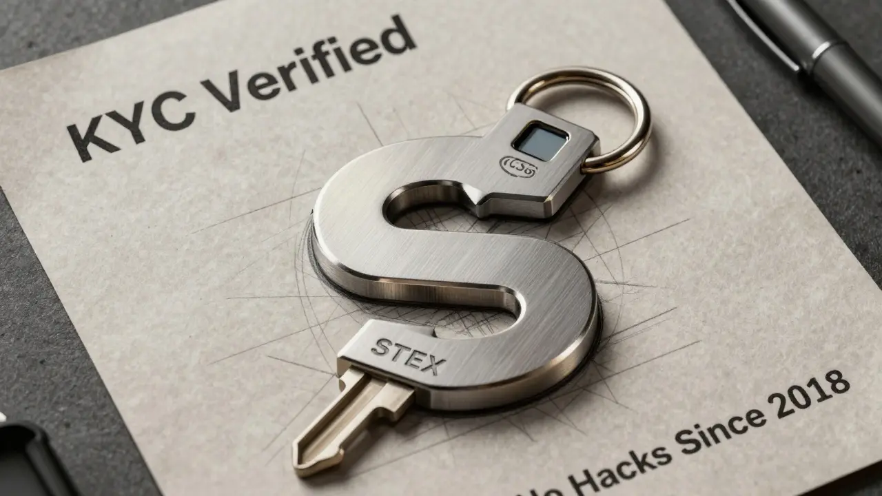 Titanium security key shaped like an 'S' with CCSS logo, resting on a verified KYC document, drawn in technical draft style.