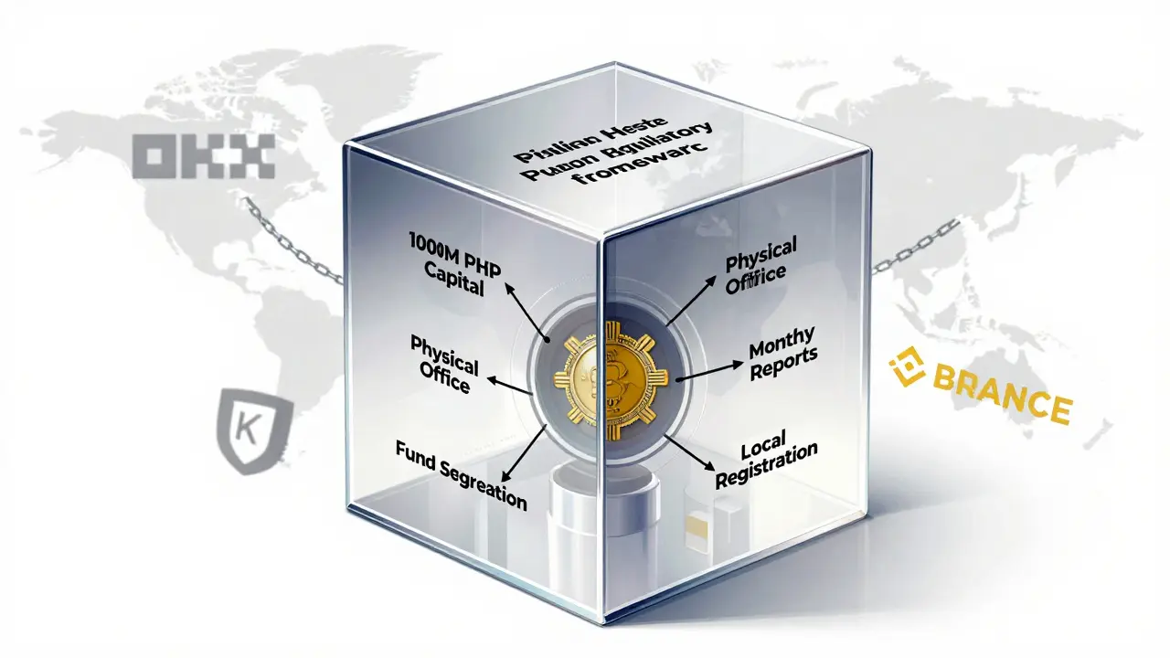 Transparent acrylic cube displaying Philippine crypto regulatory requirements, with global exchange logos restrained outside.
