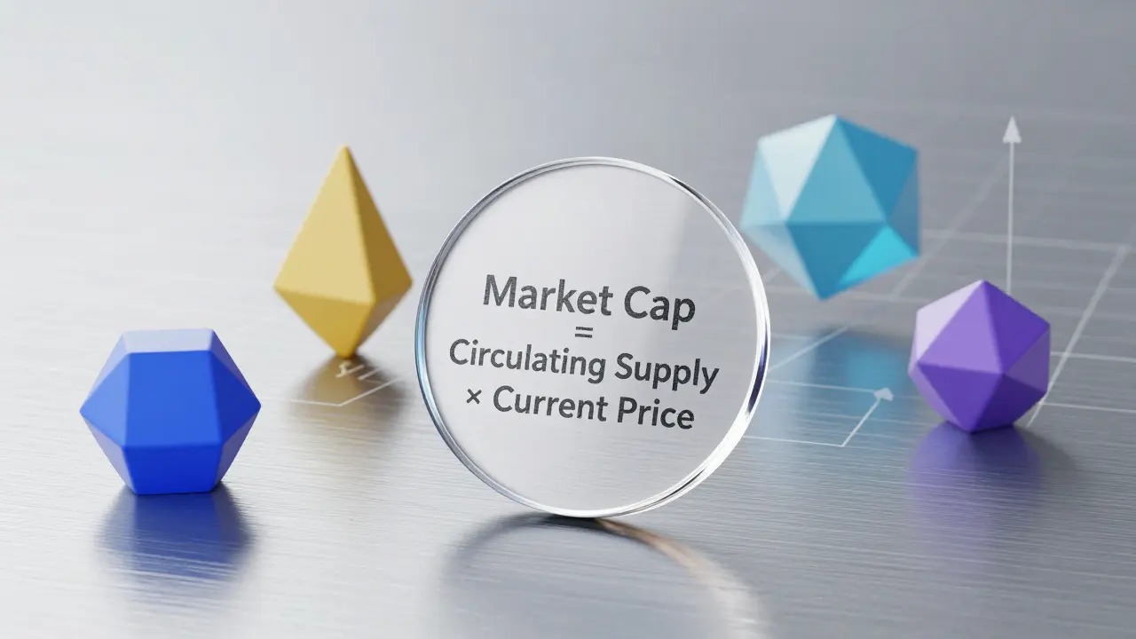 Transparent acrylic token with market cap formula surrounded by geometric shapes representing crypto categories.