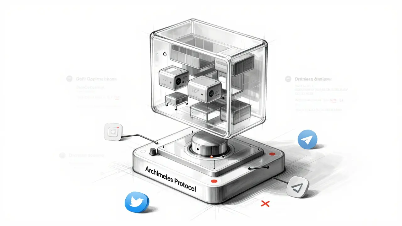 Transparent DeFi platform model with missing parts, surrounded by faded social media icons.