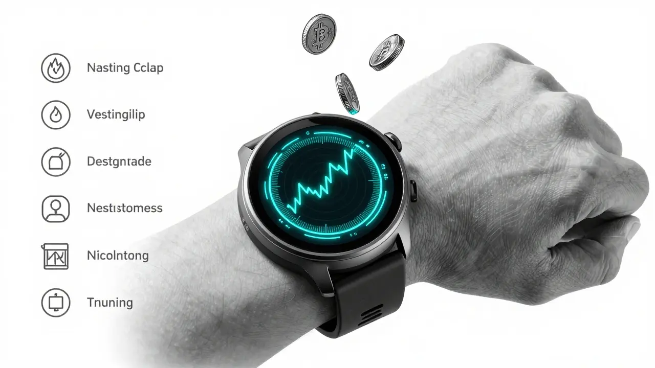 Wearable device with circular graph displaying real-time crypto market cap trends and supply changes.