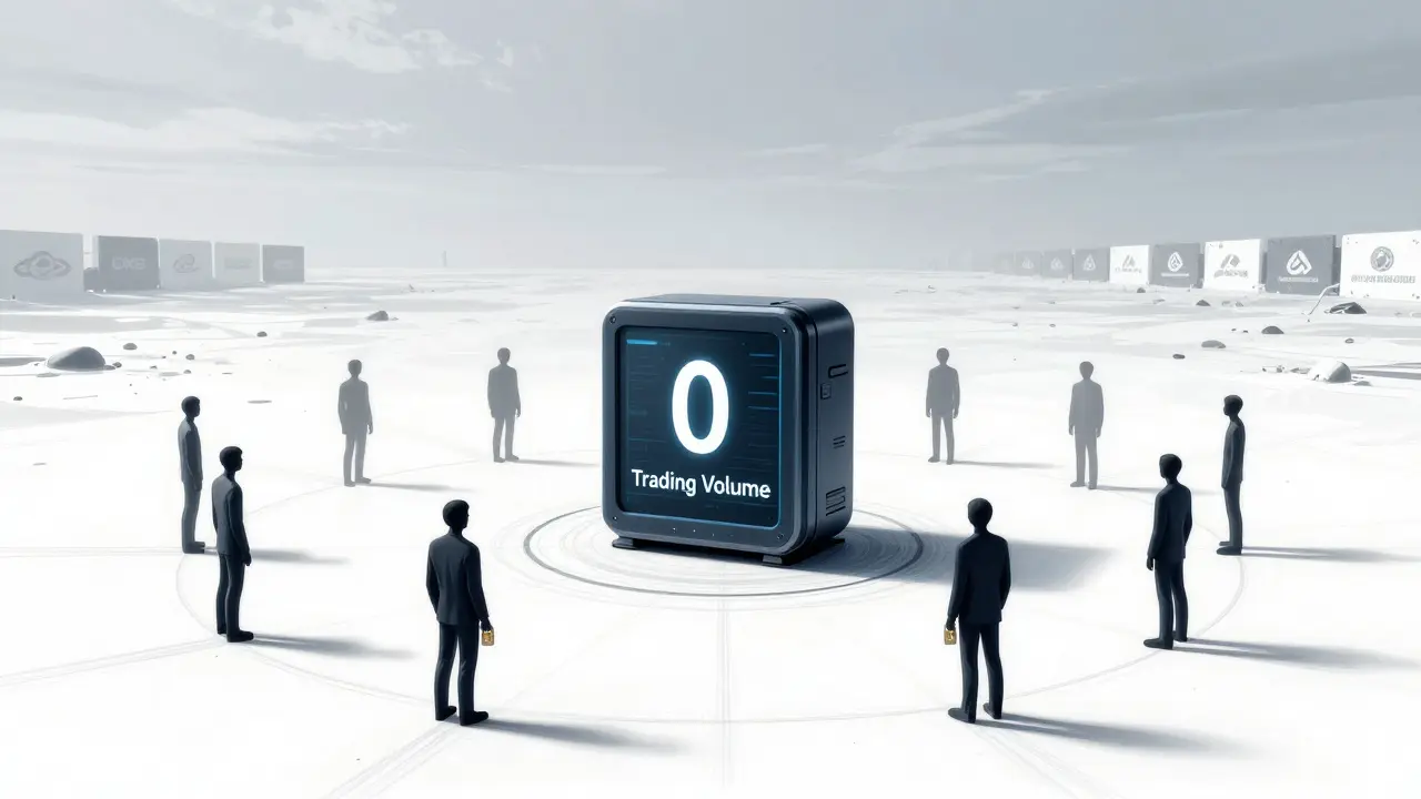 809 empty figures standing around a dead blockchain node in a desolate digital landscape.