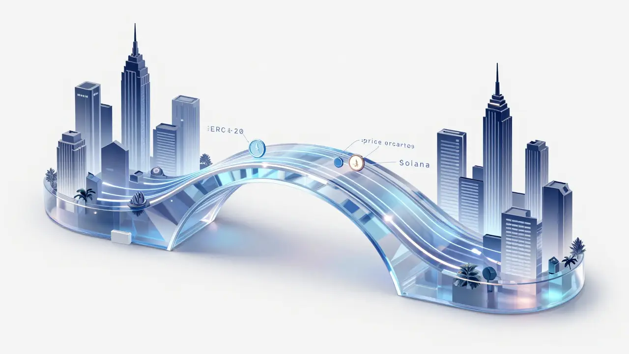 A crystalline bridge connecting two blockchain ecosystems with flowing data streams.