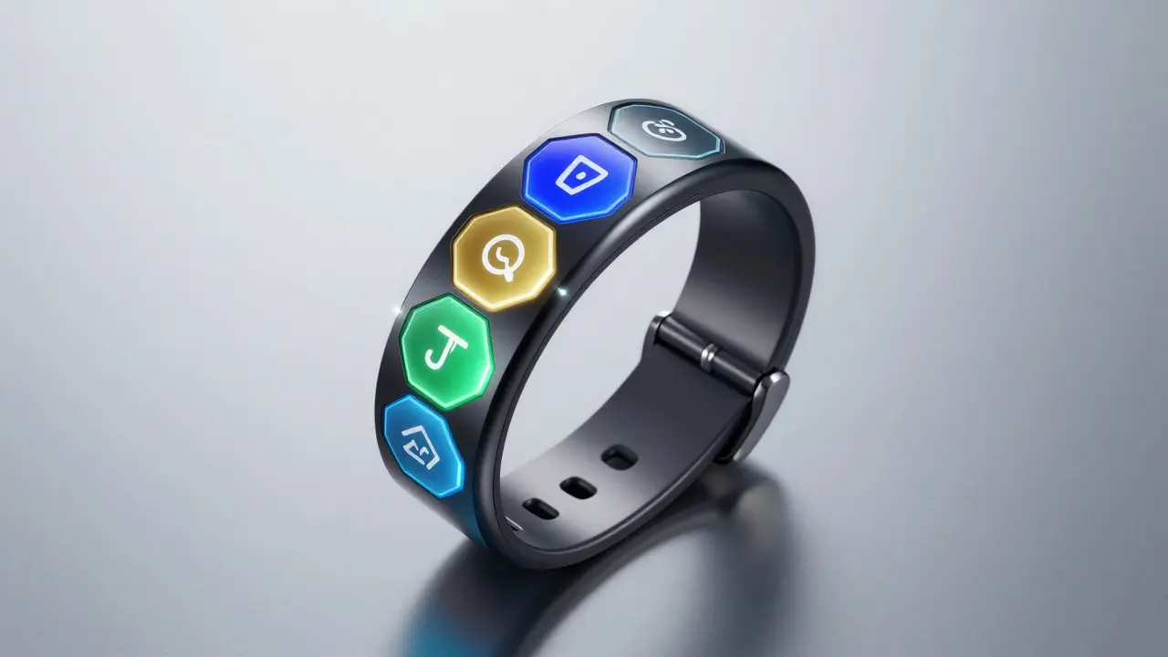 A futuristic wallet bracelet with glowing DeFi protocol modules connected by neon lines.