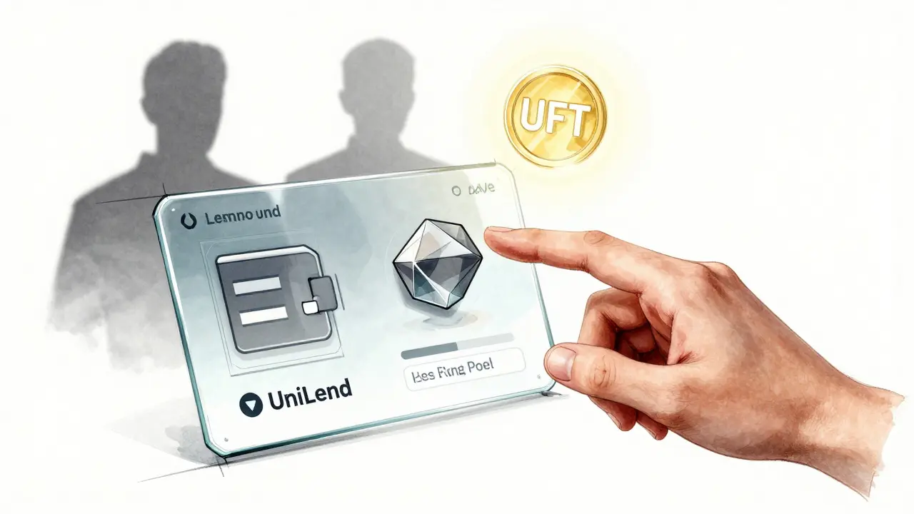 A hand placing a unique ERC-20 token into a UniLend lending pool, with UFT glowing above, while Aave and Compound fade in the background.