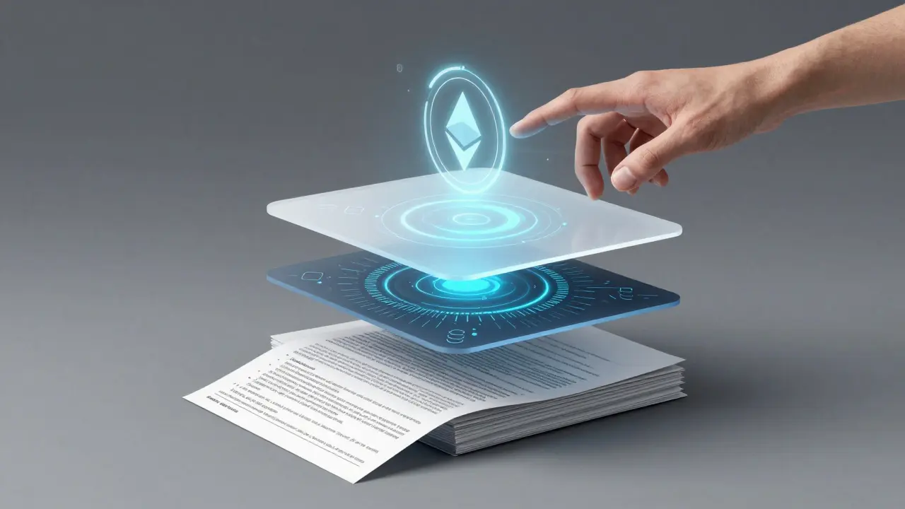 A layered product design showing traditional insurance dissolving into blockchain code with a hand interacting with a token-voting interface.