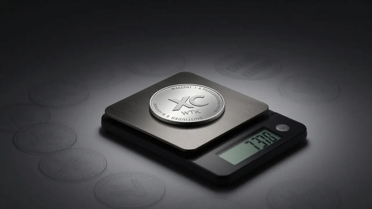 A single WTK token on a velvet pad beside a scale, surrounded by ghost outlines of locked tokens.