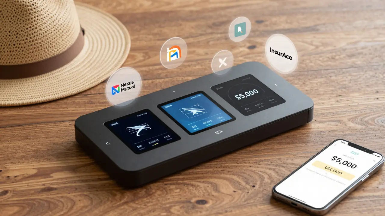 A smart contract terminal displaying real-time oracle data and crypto transaction confirmation beside a farmer’s hat.