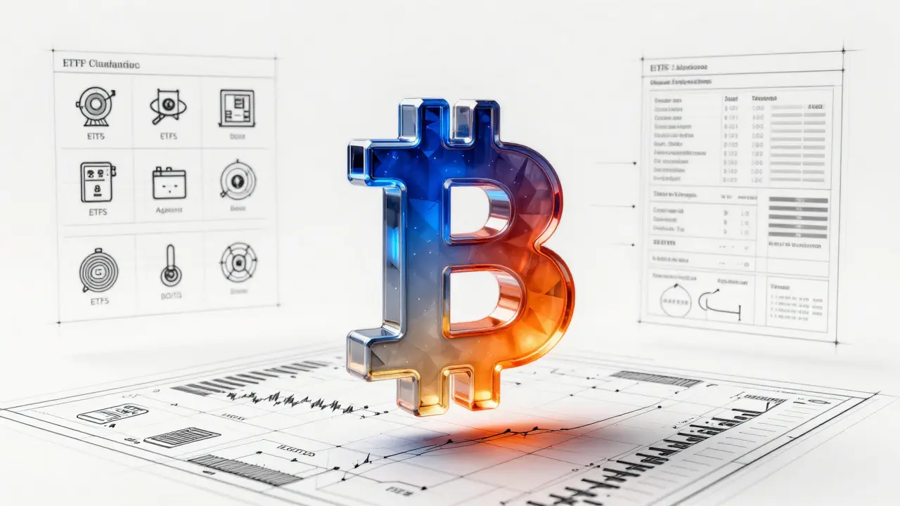 A transparent Bitcoin-shaped crystal with color gradients representing market sentiment, floating over a financial dashboard sketch.