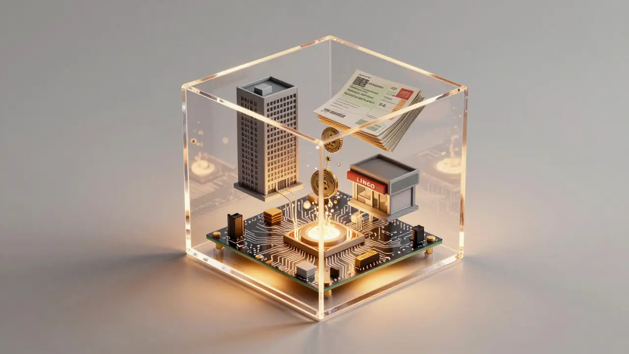 A transparent cube containing miniature real assets and flowing tokens, lit from within on a blockchain base.