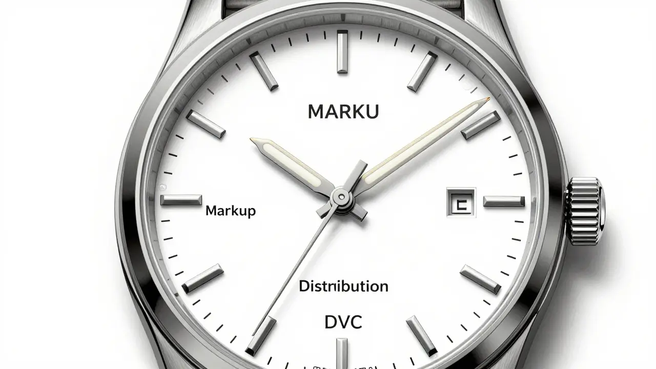 A watch face redesigned as a crypto cycle meter with phases marked around its dial in technical line art.