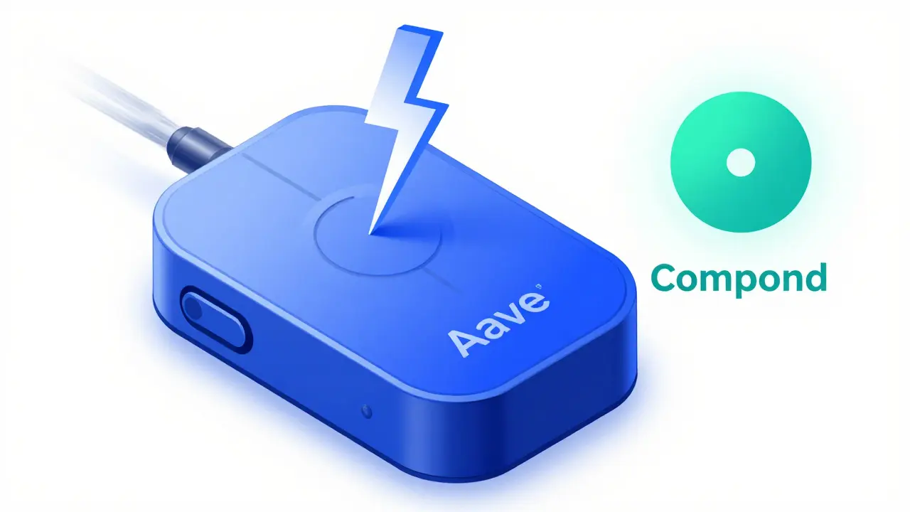 Aave's flash loan lightning bolt detail in product design, Compound's simpler interface beside it